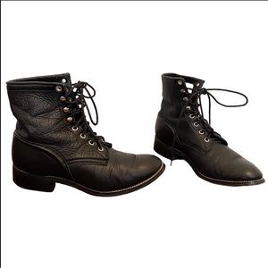 Vintage Justin Boots Black Leather Lace Up Kiltie Boots Sz 5.5D Western Heel
